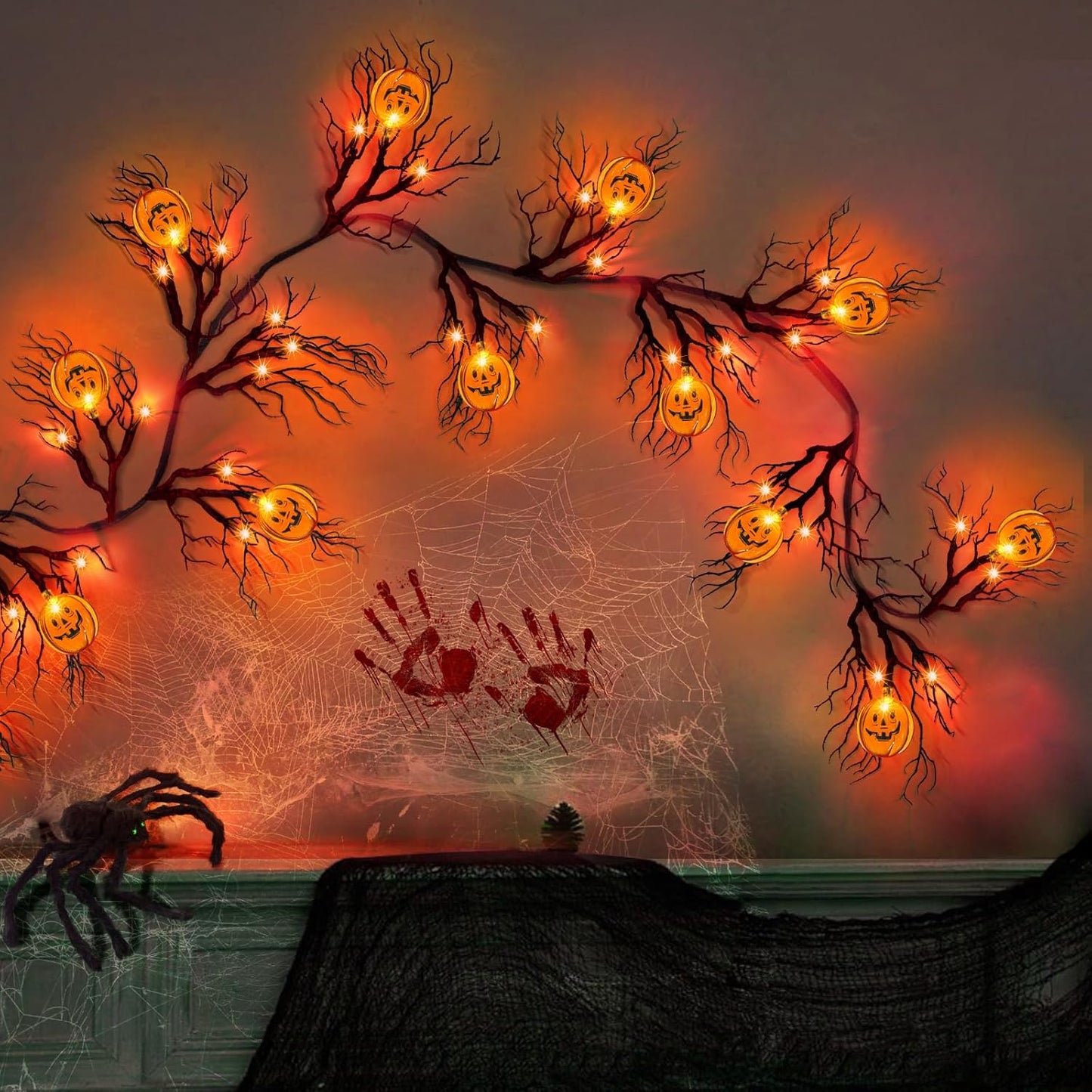 [ 8 Modes & Timer ] 6 Ft 45 LED Halloween Willow Vine Twig Garland Decorations with 15 Pumpkins Orange Lights, Battery Operated Waterproof Halloween Decorations for Home Wall Mantle Fireplace Decor