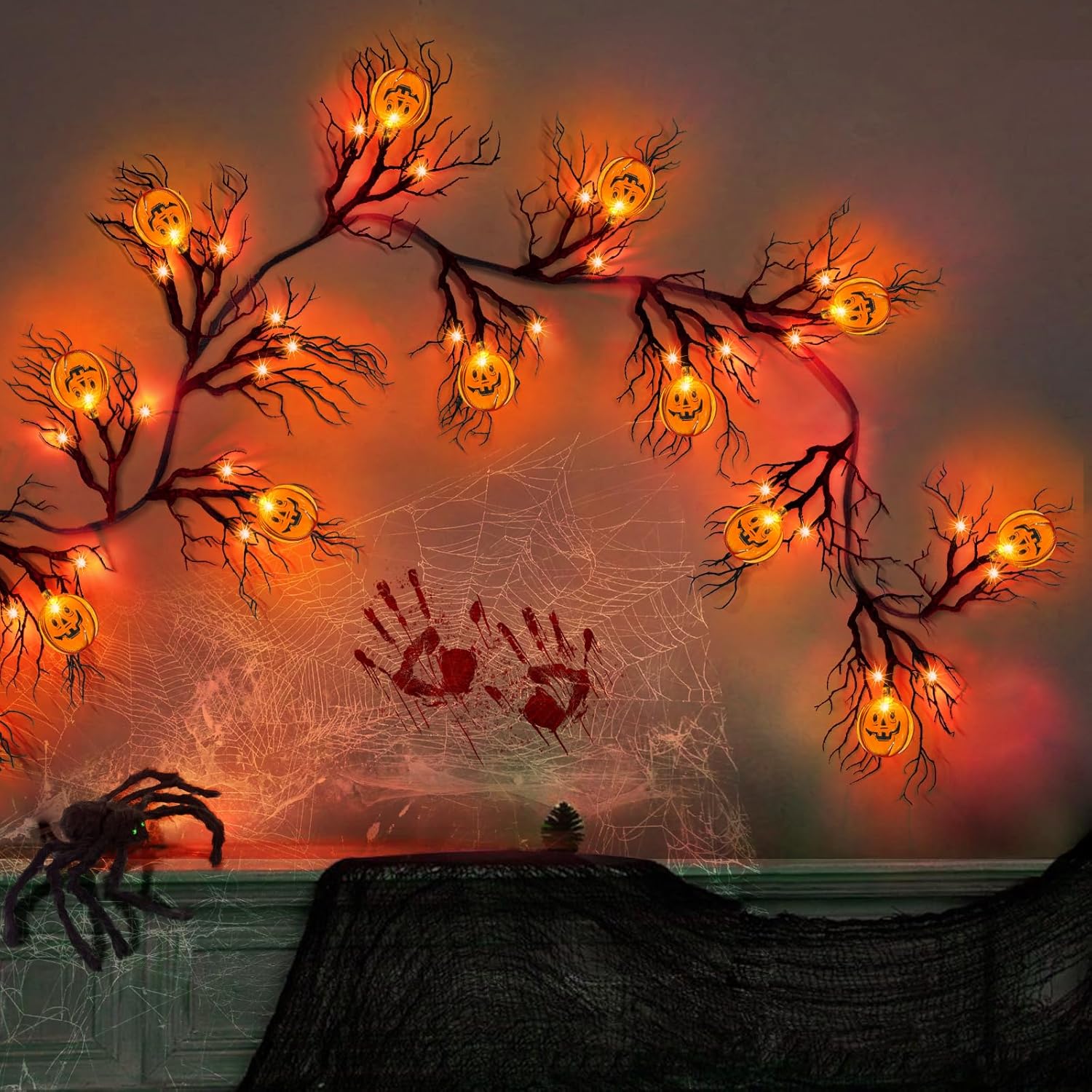 [ 8 Modes & Timer ] 6 Ft 45 LED Halloween Willow Vine Twig Garland Decorations with 15 Pumpkins Orange Lights, Battery Operated Waterproof Halloween Decorations for Home Wall Mantle Fireplace Decor