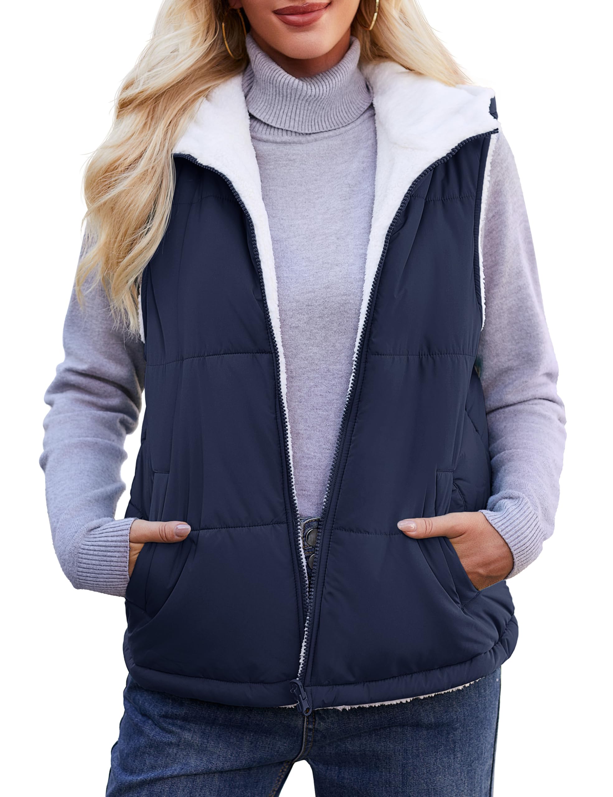 YUCOLEN Womens Puffer Vest Reversible Hooded Fleece Coat Quilted Zip Up Sleeveless Jacket Winter Outerwear with Pockets