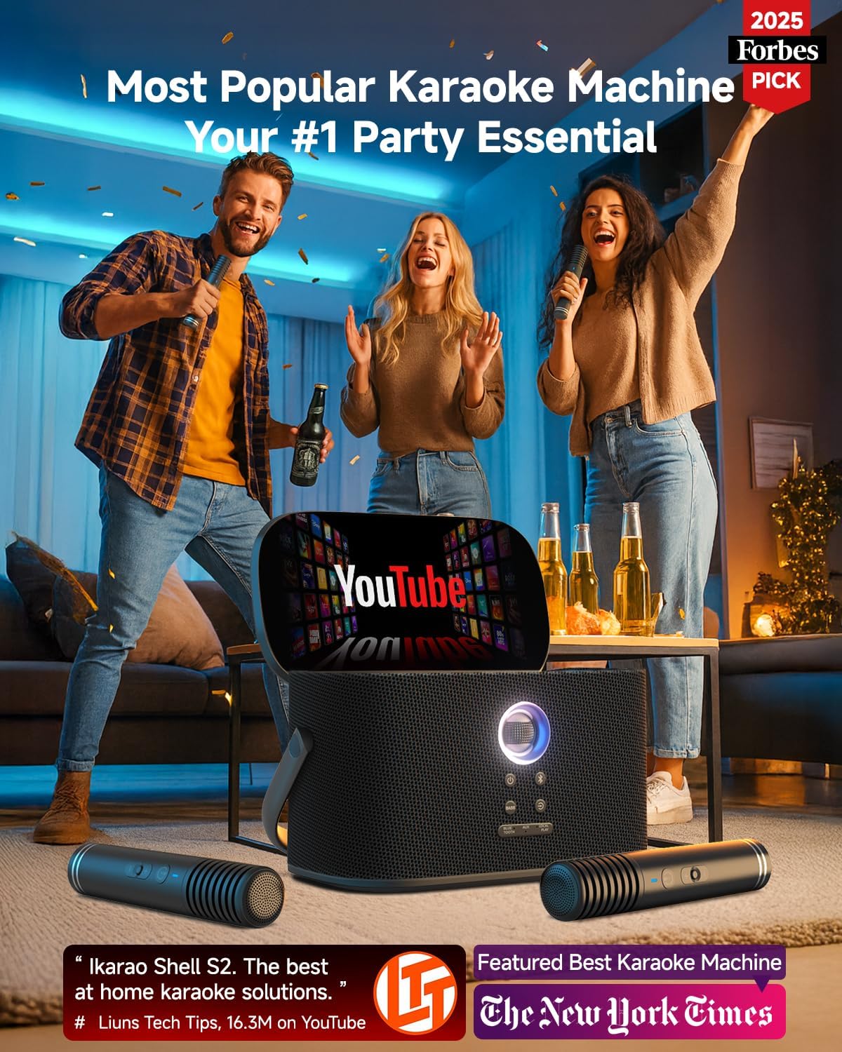 Ikarao Portable Karaoke Machine for Adults, Built-in Lyrics Display and Screen, 2 Self-Charging Wireless Microphones, Karaoke App, 140W Speaker, Connects to TV for Home Party Birthday Outdoor Camping
