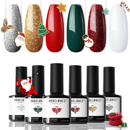 modelones Christmas Gel Nail Polish Set, 6 Colors Cat Eye Red Green Glitter Gold Silver Winter Gel Polish Kit with Magnet Nail Stickers Soak Off Led Nail Art Manicure Salon DIY New Year Holiday Gifts
