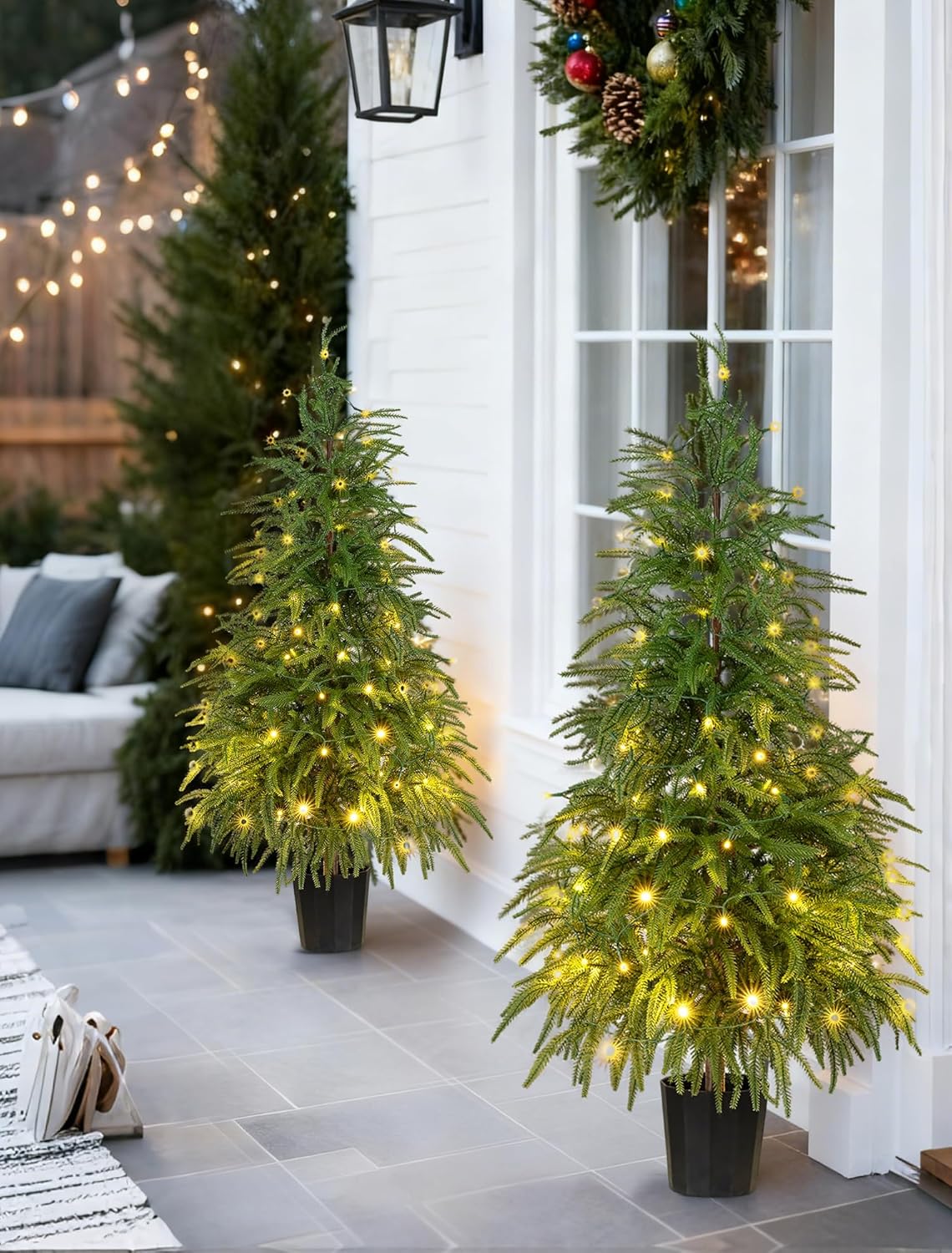 BLOSMON Outdoor Christmas Trees for Porch: 4 Ft Norfolk Pine Tree with 100 LED Lights Remote Control Timer 8 Lighting Modes - Small Artificial Cypress Trees Indoor Table Top Decor