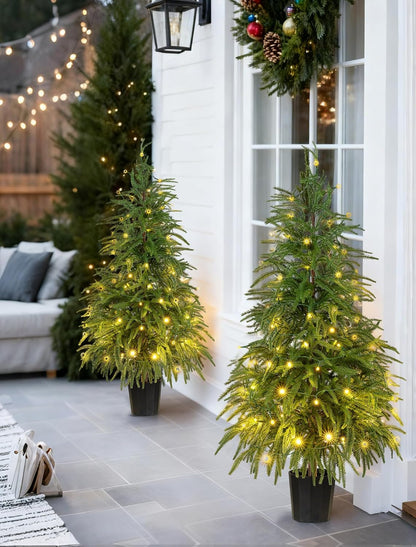 BLOSMON Outdoor Christmas Trees for Porch: 4 Ft Norfolk Pine Tree with 100 LED Lights Remote Control Timer 8 Lighting Modes - Small Artificial Cypress Trees Indoor Table Top Decor