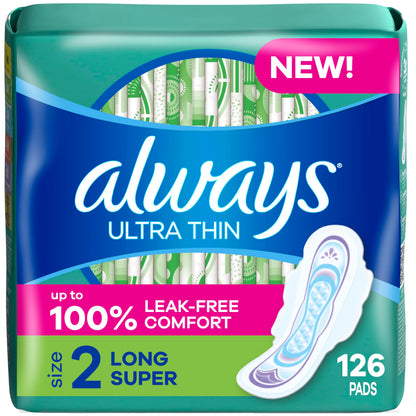 Always Ultra Thin Feminine Pads For Women, Size 2 Long Super Absorbency, With Wings, Unscented, 58 Count