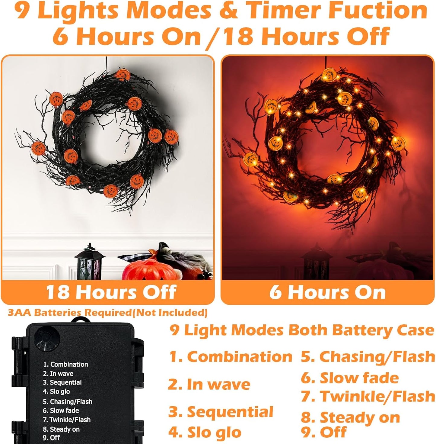 [ 8 Modes & Timer ] 6 Ft 45 LED Halloween Willow Vine Twig Garland Decorations with 15 Pumpkins Orange Lights, Battery Operated Waterproof Halloween Decorations for Home Wall Mantle Fireplace Decor