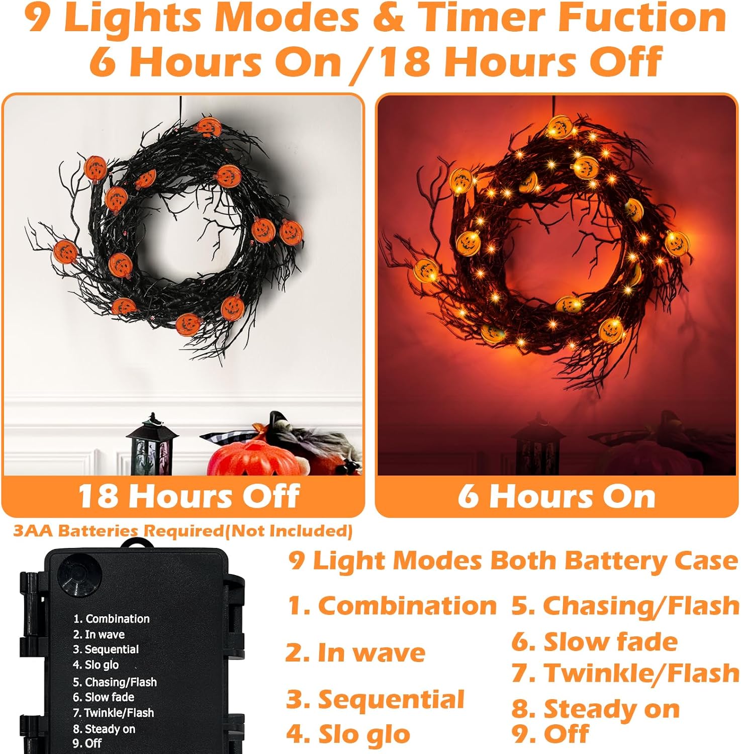 [ 8 Modes & Timer ] 6 Ft 45 LED Halloween Willow Vine Twig Garland Decorations with 15 Pumpkins Orange Lights, Battery Operated Waterproof Halloween Decorations for Home Wall Mantle Fireplace Decor