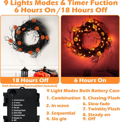 [ 8 Modes & Timer ] 6 Ft 45 LED Halloween Willow Vine Twig Garland Decorations with 15 Pumpkins Orange Lights, Battery Operated Waterproof Halloween Decorations for Home Wall Mantle Fireplace Decor