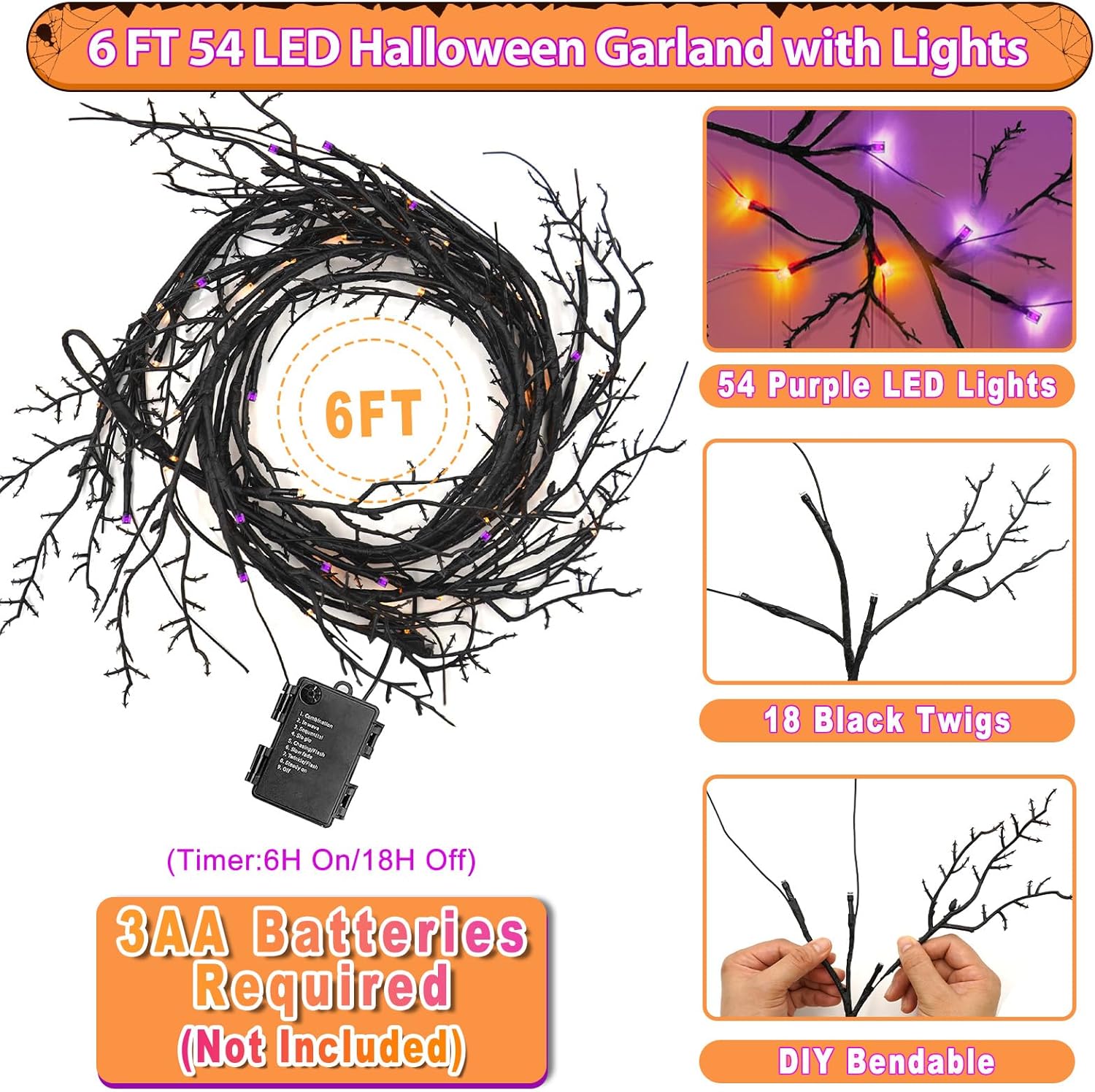 [8 Modes & Timer] 6 Ft 54LED Halloween Garland with Lights, Orange Purple Willow Vine Twig Garland Battery Operated Indoor Outdoor Fireplace Table Wall Home Party Halloween Decor