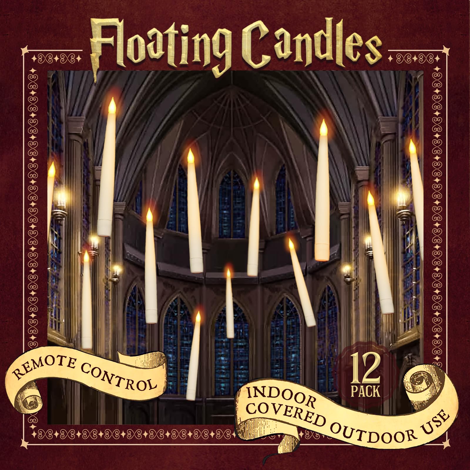 Halloween Decorations - Floating Candles with Wand - 12 Pcs Magic Flickering Warm Light Flameless Floating LED Candle Christmas Decor - Stocking Stuffers for Indoor Classroom Bedroom Party