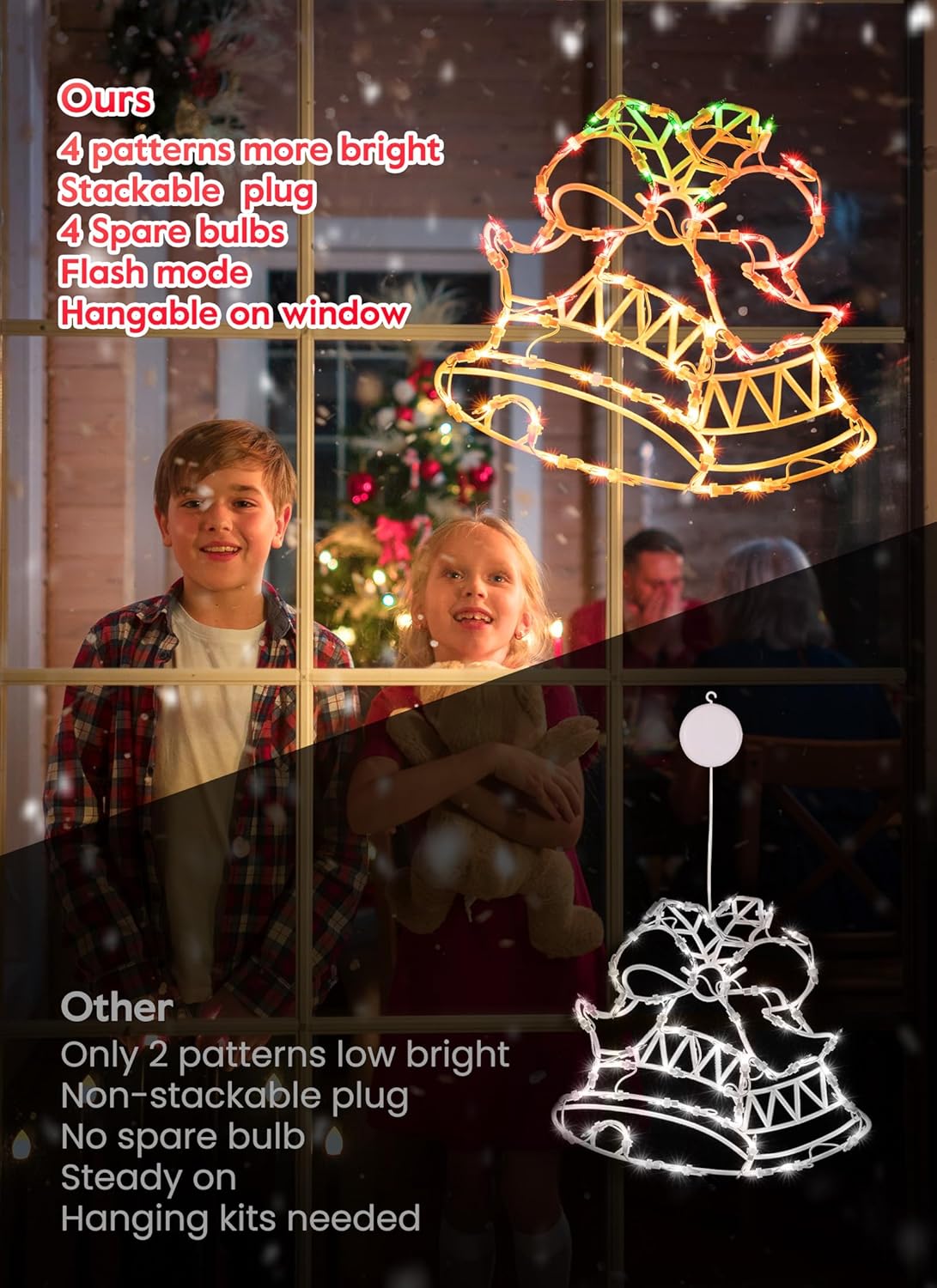 Christmas Window Silhouette Lights Decorations - Pack of 4 Sign Colour Lighted Wreath, Candy Cane, Bell, and Angel for Holiday Indoor Wall Door Glass Decor
