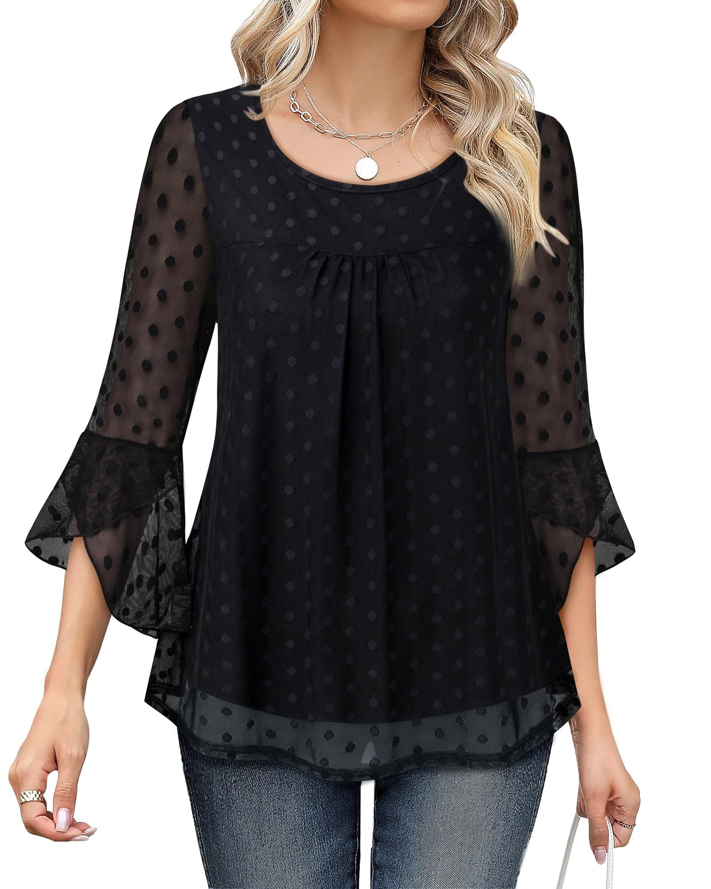 Bebonnie Women's Ruffle 3/4 Sleeve Elegant Dressy Blouses Crew Neck Double Layers Mesh Tunic Tops