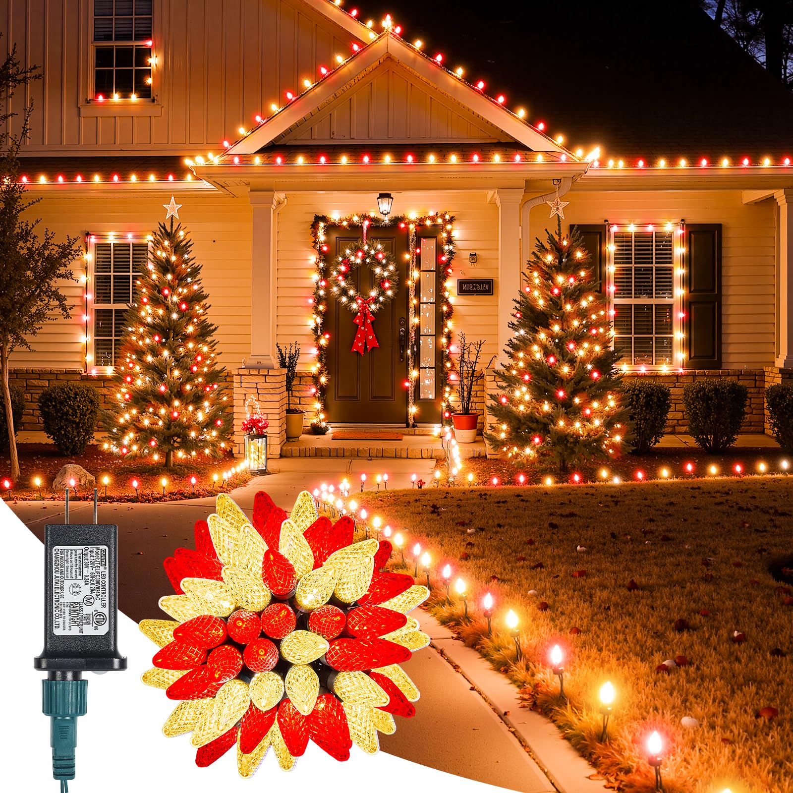 C9-Christmas-Lights-Outdoor,85FT 110LED String Lights with 8 Lighting Mode,Waterproof Connectable UL Certified Warm White C9-Led-Christmas-Light-Decorations for House Yard Patio Roof Garden Decor