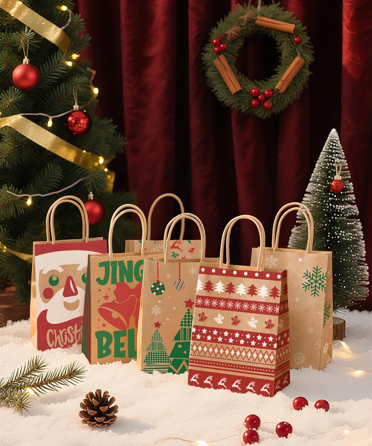 24-Pack Christmas Gift Bags – 6 Assorted Xmas Designs, Small Christmas Goody Bags Bulk with Handles for Wrapping Gifts, Party Favors and Holiday Decor