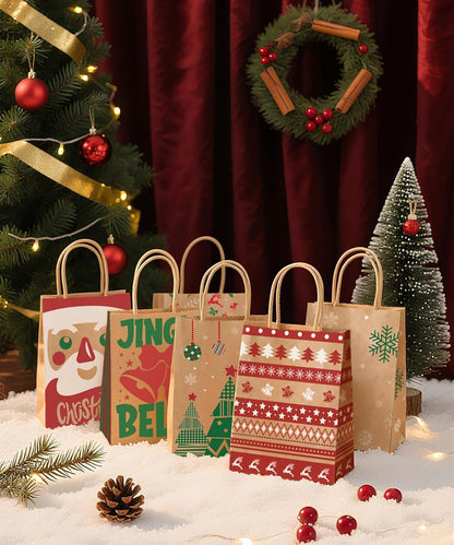 24-Pack Christmas Gift Bags – 6 Assorted Xmas Designs, Small Christmas Goody Bags Bulk with Handles for Wrapping Gifts, Party Favors and Holiday Decor