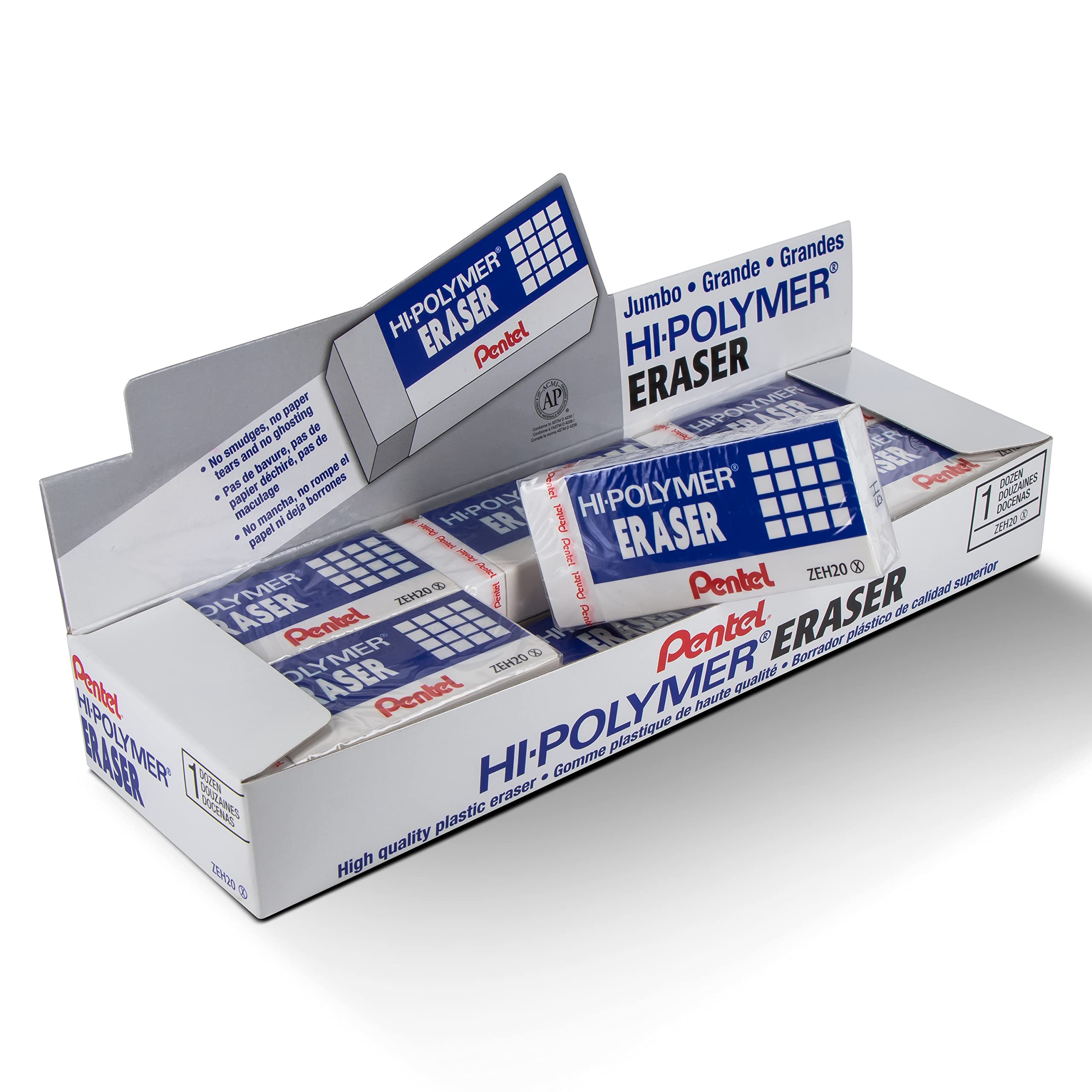 Pentel Arts Hi-Polymer White Cap Erasers, Pack of 10 (ZEH02PABP10)