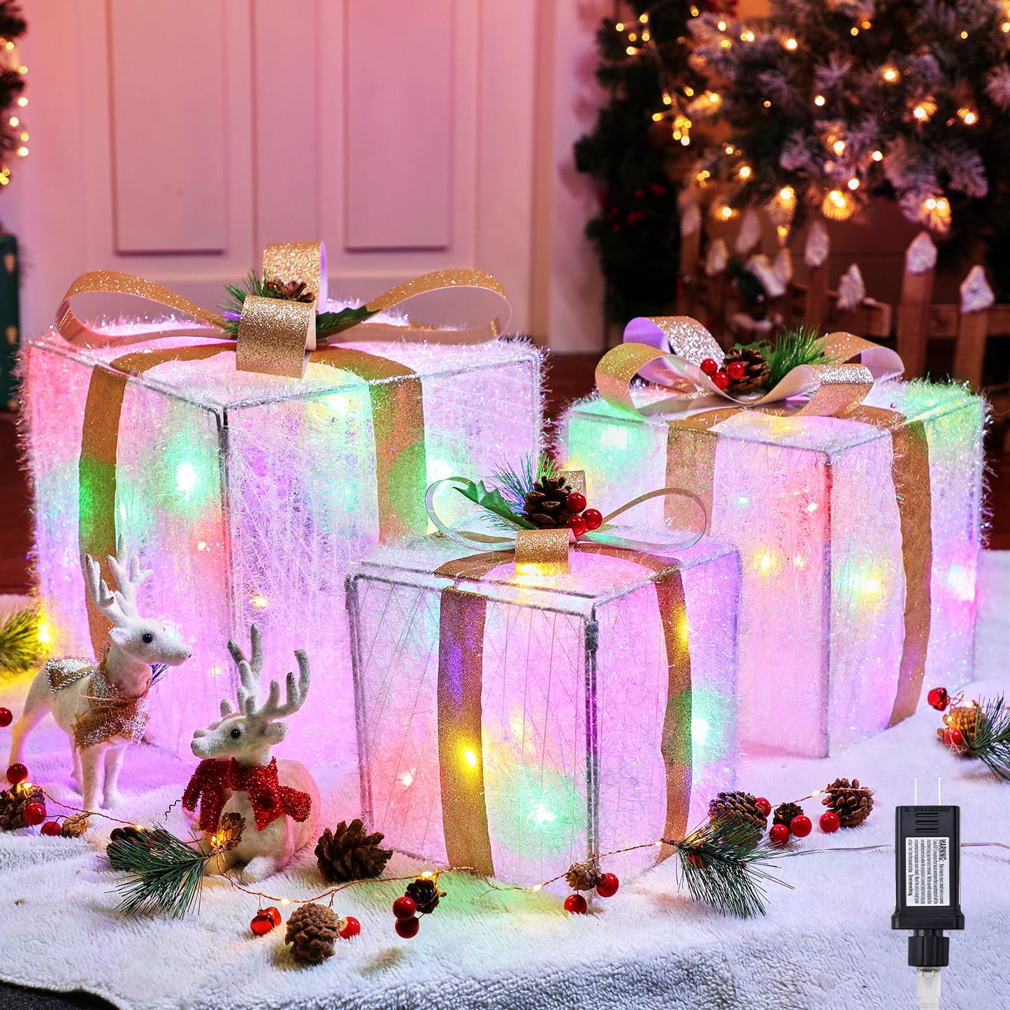 3 Pieces Lighted Gift Boxes Christmas Decorations, 12in 10in 8in with 60 Pre-Strung Mini String Lights, Foldable Light up Present Boxes for Indoor Outdoor Holiday Party Christmas Yard Home Art Decor