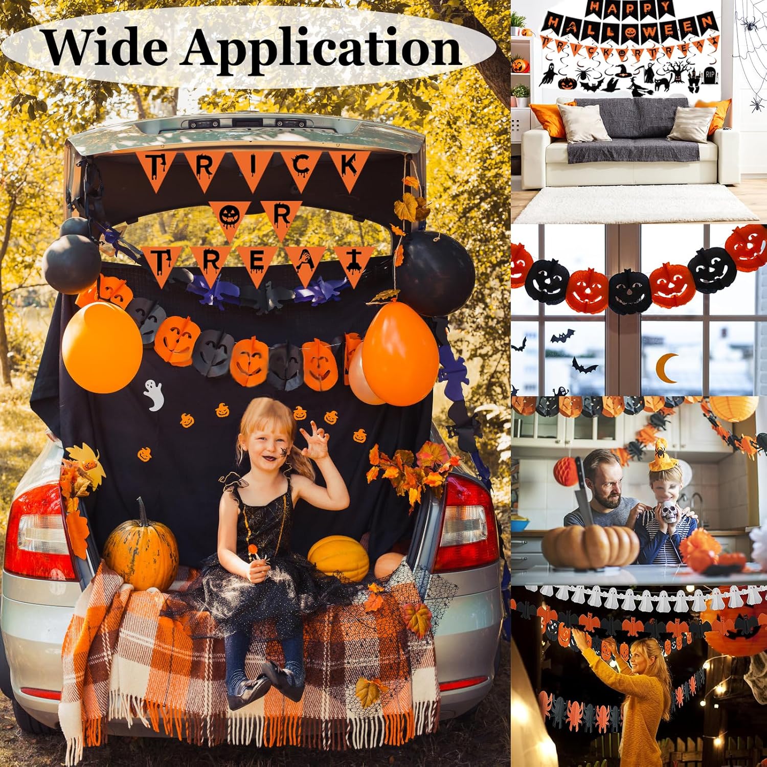 Halloween Decorations Indoor Party Decor, HAPPY HALLOWEEN Accessories with TRICK OR TREAT Banner, 3 PCS Large Garland Bat Ghost Pumpkin, Hanging Party Supplies Backdrop for Home Office Classroom