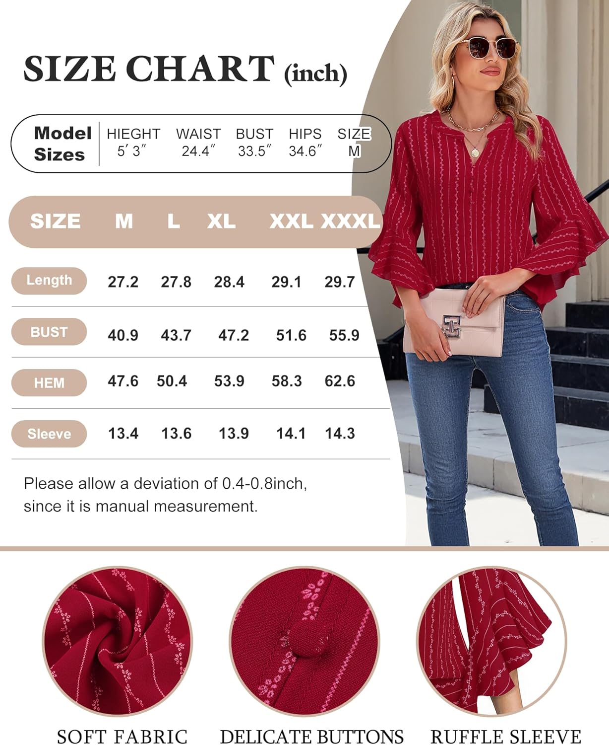 Bebonnie Womens Tops Dressy Casual Ruffle 3/4 Sleeve Henley V Neck Chiffon Blouses with Buttons