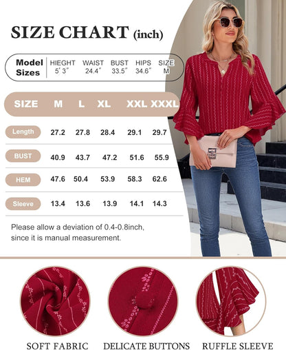 Bebonnie Womens Tops Dressy Casual Ruffle 3/4 Sleeve Henley V Neck Chiffon Blouses with Buttons