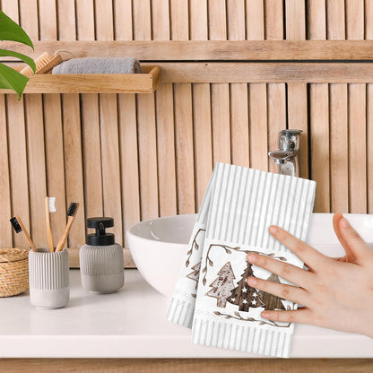 80 Pack Merry Christmas Guest Napkins Brown Grey Striped Christmas Tree Disposable Paper Napkin Xmas Holiday Party Dinner Decor Hand Napkin Towel for Home Kitchen Bathroom, 13 x 15.7 Inch