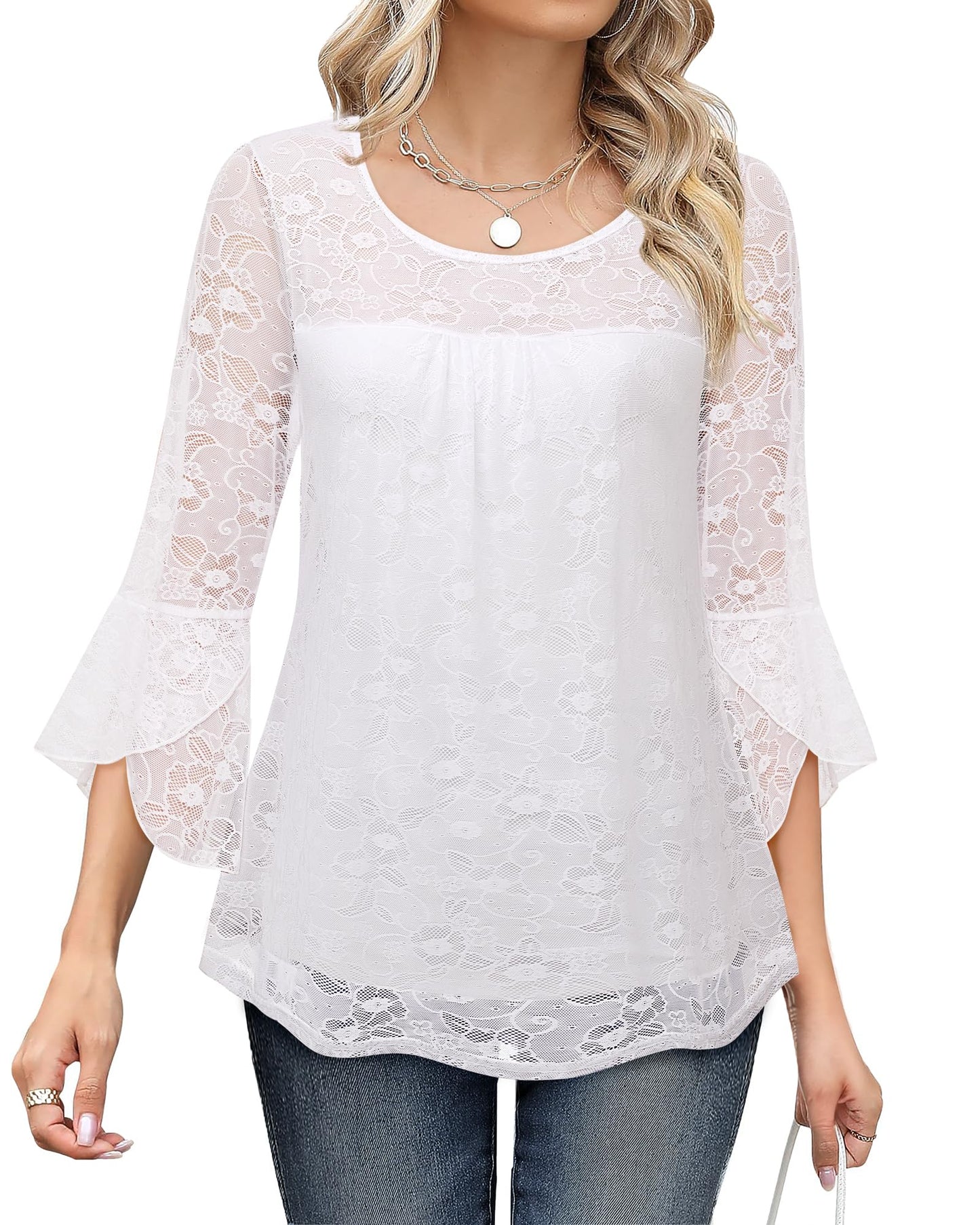 Bebonnie Women's Ruffle 3/4 Sleeve Elegant Dressy Blouses Crew Neck Double Layers Mesh Tunic Tops