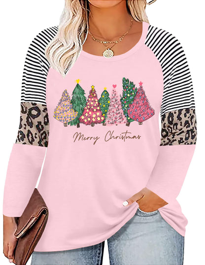 Plus Size Christmas T Shirt Women Xmas Leopard Plaid Trees Print Tees Casual Long Sleeve Holiday Shirts Top