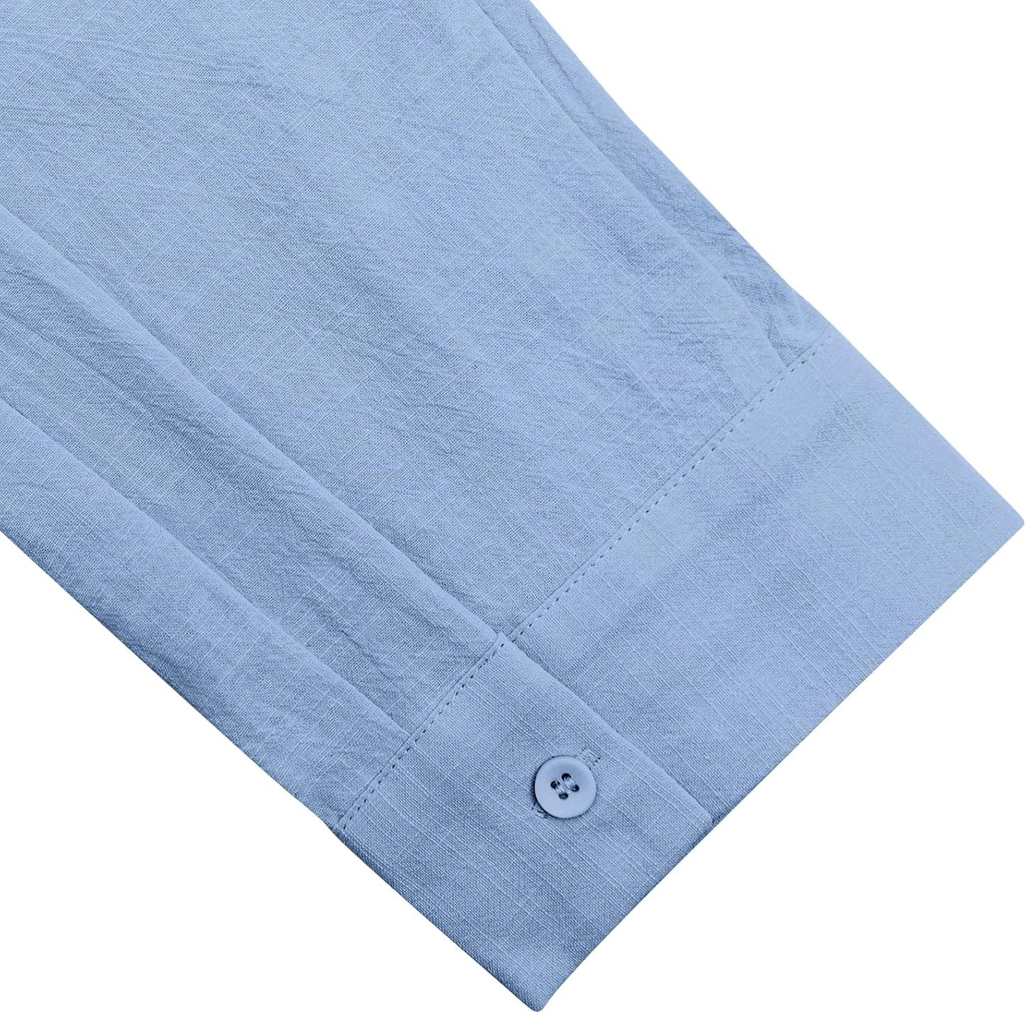 Button Down Linen Shirts for Men Casual Long Sleeve Regular Fit Cotton Beach Shirts with Pocket
