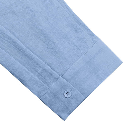 Button Down Linen Shirts for Men Casual Long Sleeve Regular Fit Cotton Beach Shirts with Pocket