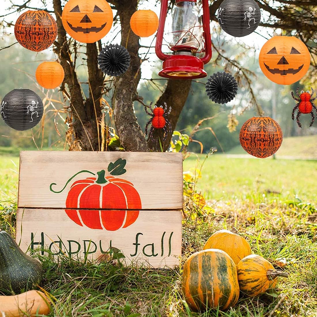 UNIQOOO 12Pcs Halloween Hanging Decorations Paper Lanterns, Jack-O'-Lantern Spider Skeleton Pumpkin for Indoor & Outdoor Spooky Home Decor, Party Supplies Props, 12" & 8" (Orange, Black)