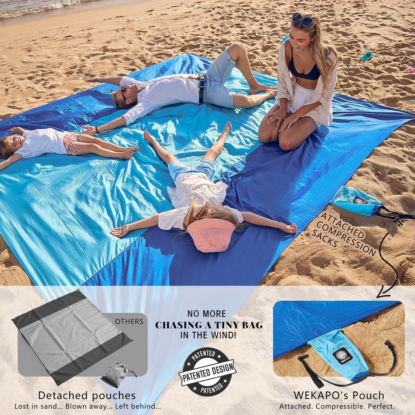 WEKAPO Beach Blanket Sandproof Waterproof, Extra Large Beach Mat, Oversized & Compact Sand Free Mat Quick Drying, Lightweight & Durable with 6 Stakes & 4 Corner Pockets
