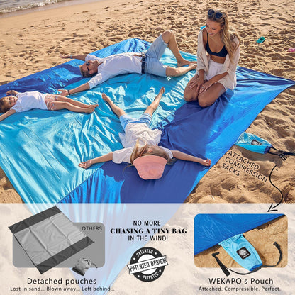 WEKAPO Beach Blanket Sandproof Waterproof, Extra Large Beach Mat, Oversized & Compact Sand Free Mat Quick Drying, Lightweight & Durable with 6 Stakes & 4 Corner Pockets