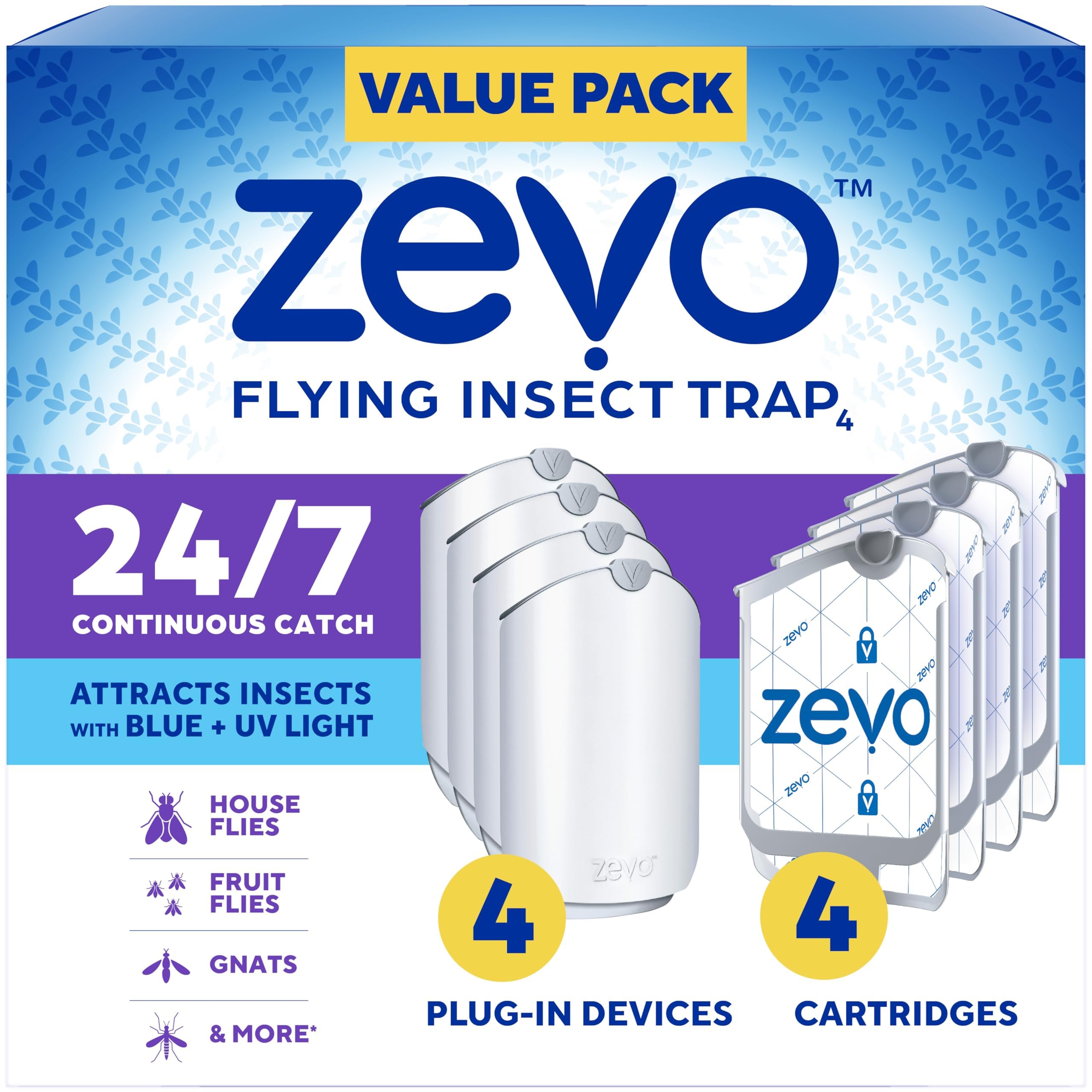Zevo 2 Flying Insect Traps & 2 Cartridges - Plug In Fly Trap & Indoor Bug Catcher for Gnats, House & Fruit Flies - Mess-Free - Use in Any Room - Uses Blue & UV Light (2 Plug In Devices & 2 Cartridges)