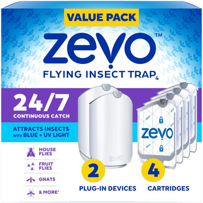 Zevo 2 Flying Insect Traps & 2 Cartridges - Plug In Fly Trap & Indoor Bug Catcher for Gnats, House & Fruit Flies - Mess-Free - Use in Any Room - Uses Blue & UV Light (2 Plug In Devices & 2 Cartridges)