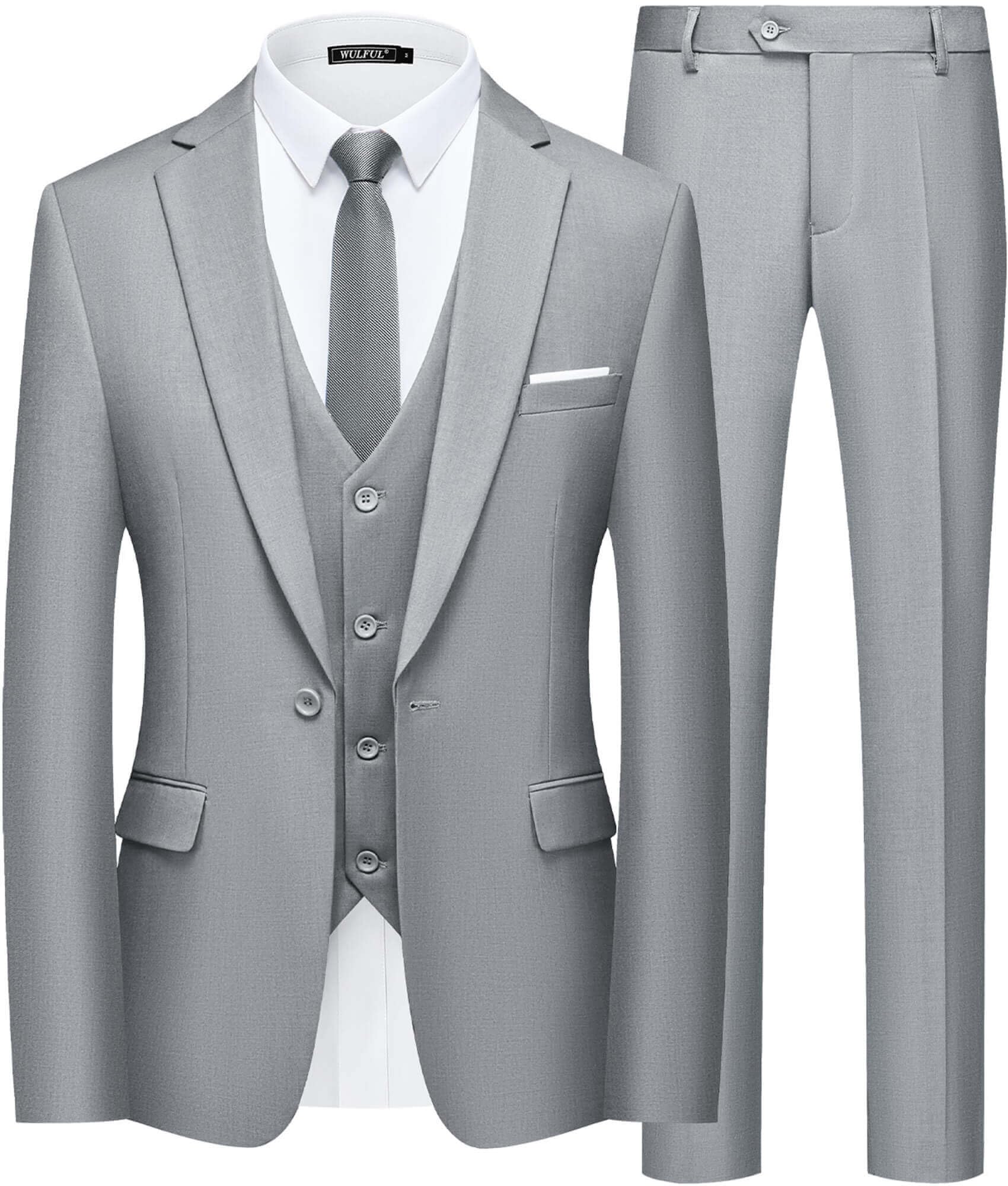 WULFUL Men’s Slim Fit Suit One Button 3-Piece Blazer Dress Business Wedding Party Jacket Vest & Pant
