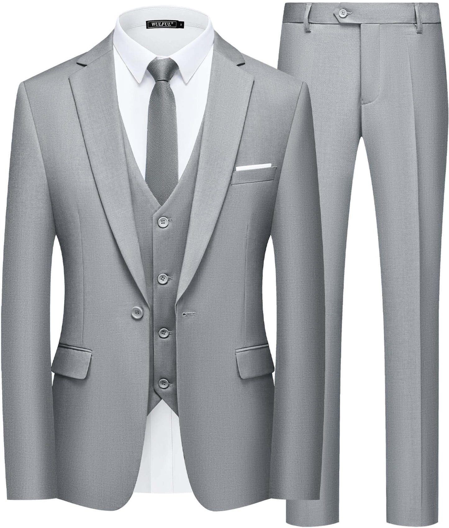 WULFUL Men’s Slim Fit Suit One Button 3-Piece Blazer Dress Business Wedding Party Jacket Vest & Pant