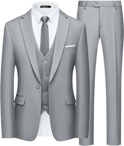 WULFUL Men’s Slim Fit Suit One Button 3-Piece Blazer Dress Business Wedding Party Jacket Vest & Pant