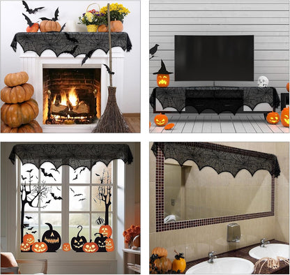 AerWo Halloween Decoration Black Lace Spiderweb Fireplace Mantle Scarf Cover Festive Party Supplies 45 X 243cm 18 x 96 inch