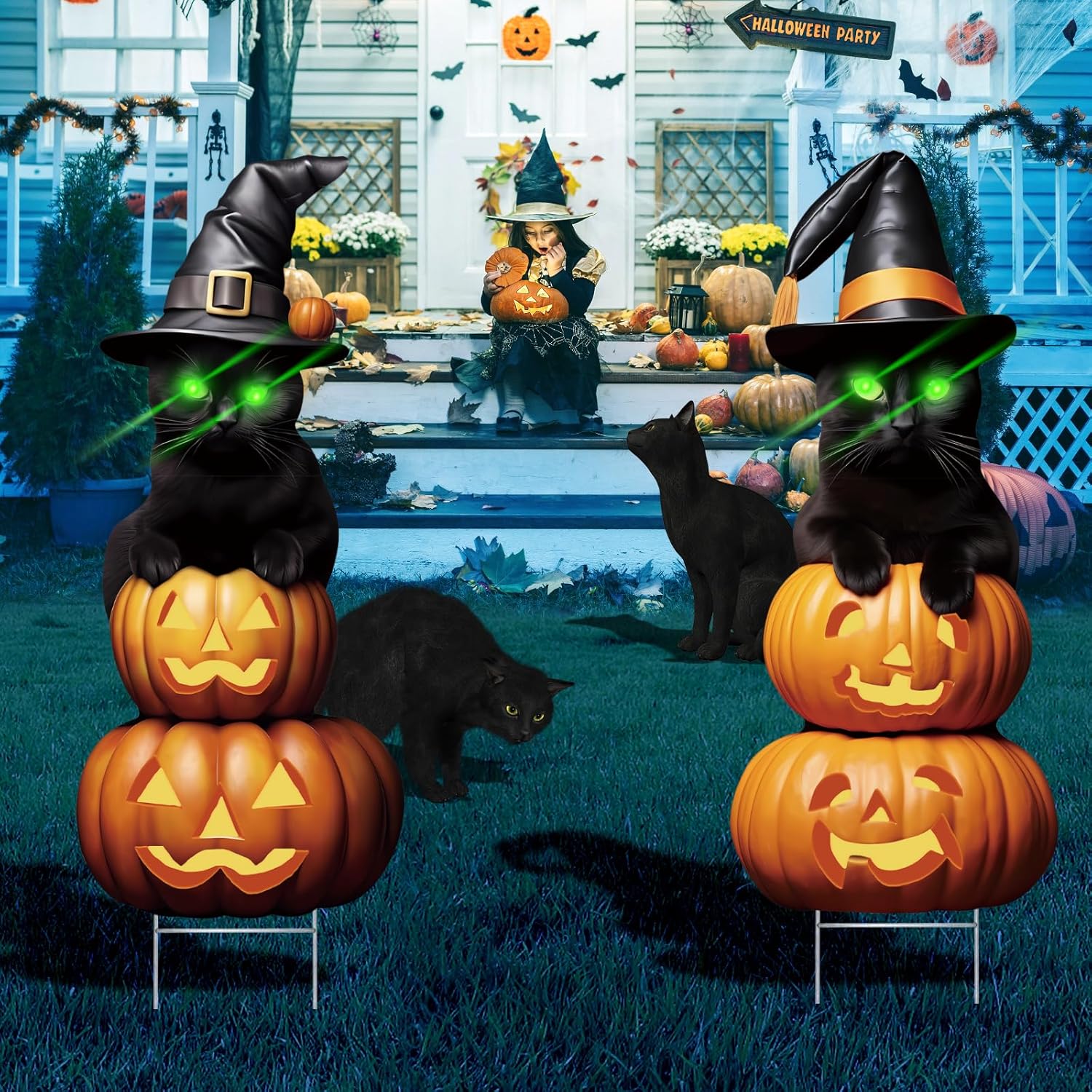 2Pcs 4.0FT Black Cat Halloween Decorations Outdoor- Plastic Yard Signs With Stakes, Spooky Pumpkin Outdoor Decor, Scary Silhouette With Glow in Dark Eyes for Yard, Lawn, Garden