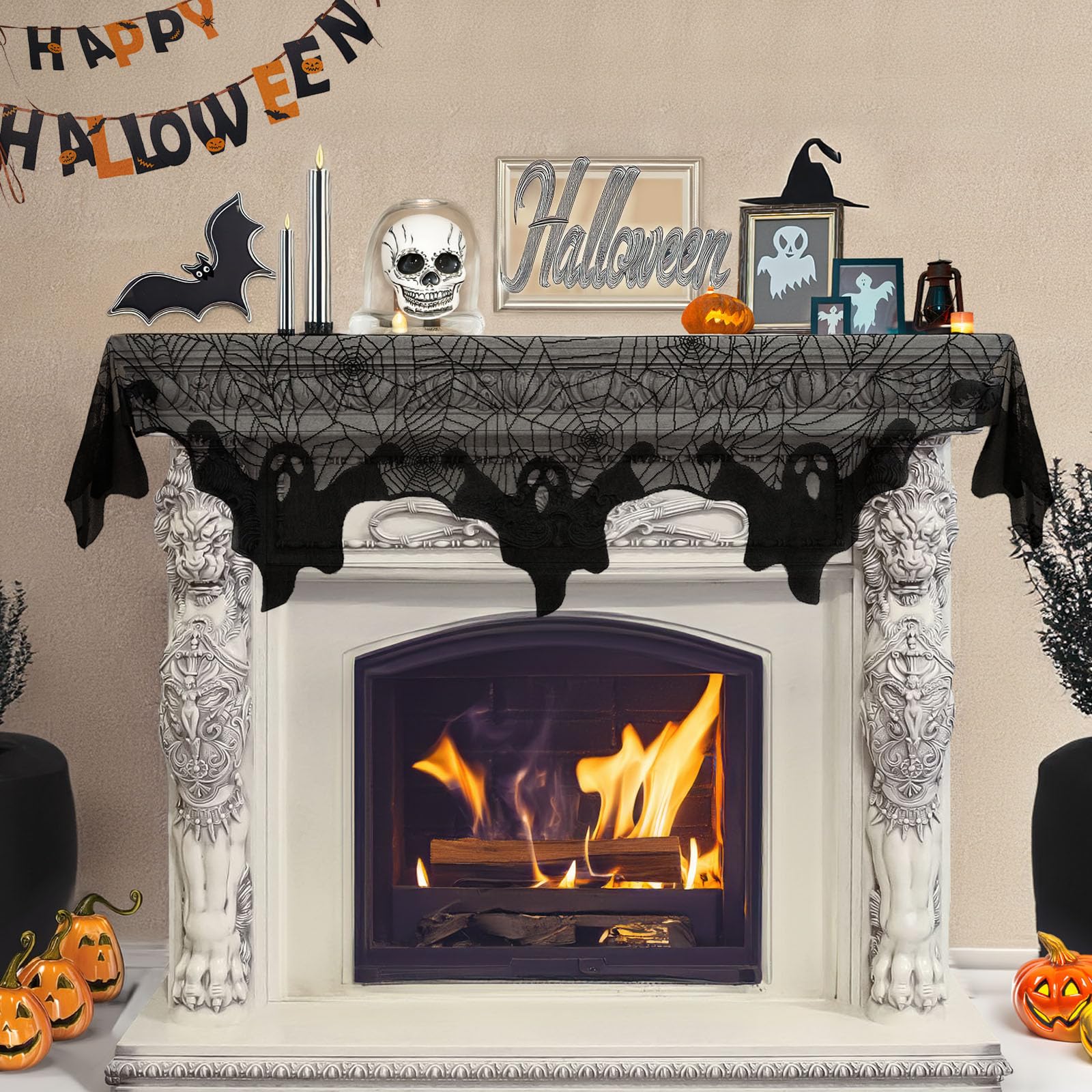 AerWo Halloween Decoration Black Lace Spiderweb Fireplace Mantle Scarf Cover Festive Party Supplies 45 X 243cm 18 x 96 inch