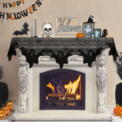 AerWo Halloween Decoration Black Lace Spiderweb Fireplace Mantle Scarf Cover Festive Party Supplies 45 X 243cm 18 x 96 inch