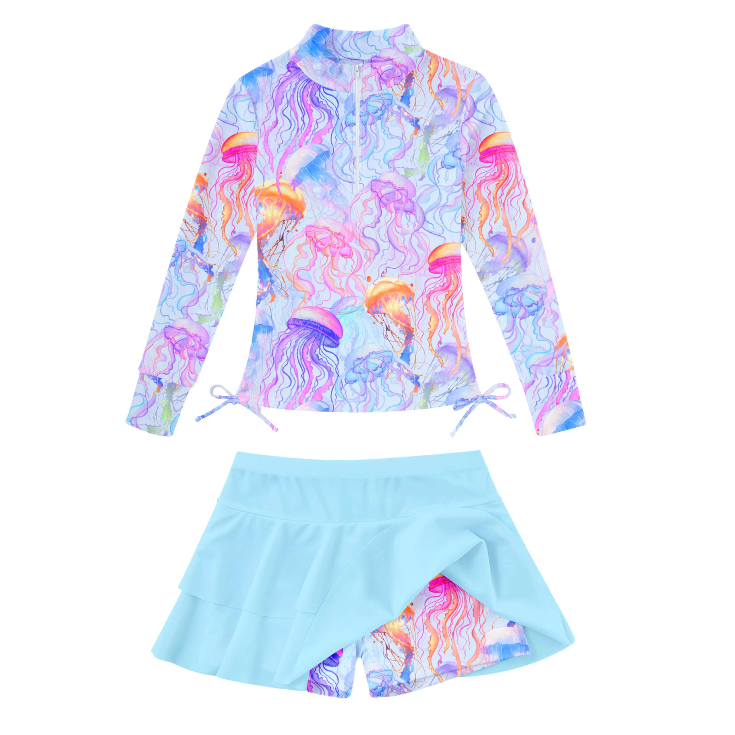 Vogseek 3-12T Girls Rash Guard 2 Pieces Bathing Suit Long Sleeve Swimsuit Swimming Skirt with Shorts Swimwear
