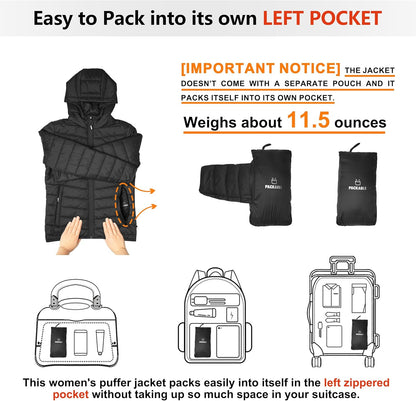 Outdoor Ventures Women's Packable Lightweight Full-Zip Puffer Jacket with Hood Quilted Winter Coat