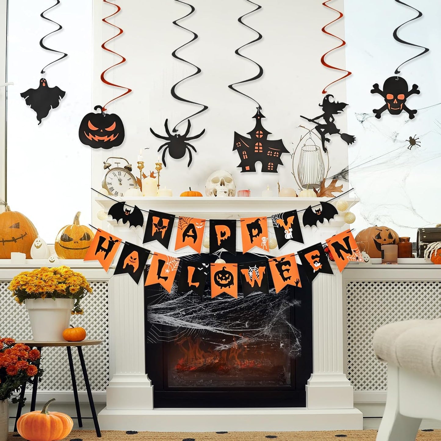 AhfuLife Halloween Party Decorations Set, Reusable Halloween Indoor Decorations Kit Including HAPPY HALLOWEEN Paper Banner for Home Decor, Trick or Treat Sign, Pumpkin Bat Hanging Swirl