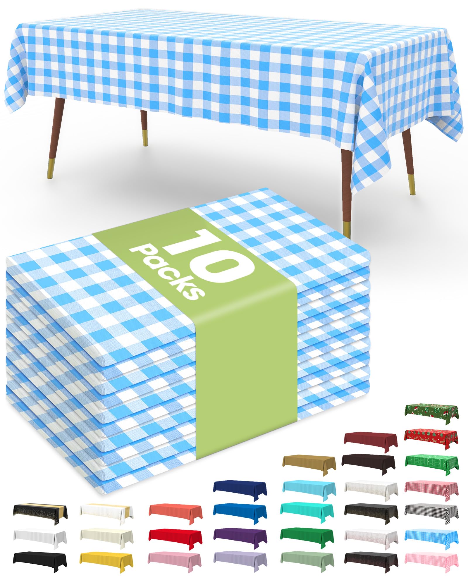 Pureegg Plastic Table Cloth Disposable 10 Pack, 54 x 108 Inch Table Cloths, Party, Picnic, Wedding, Decorative Tablecloths, Rectangle, White Plastic Cover, Leakproof & Sturdy, White