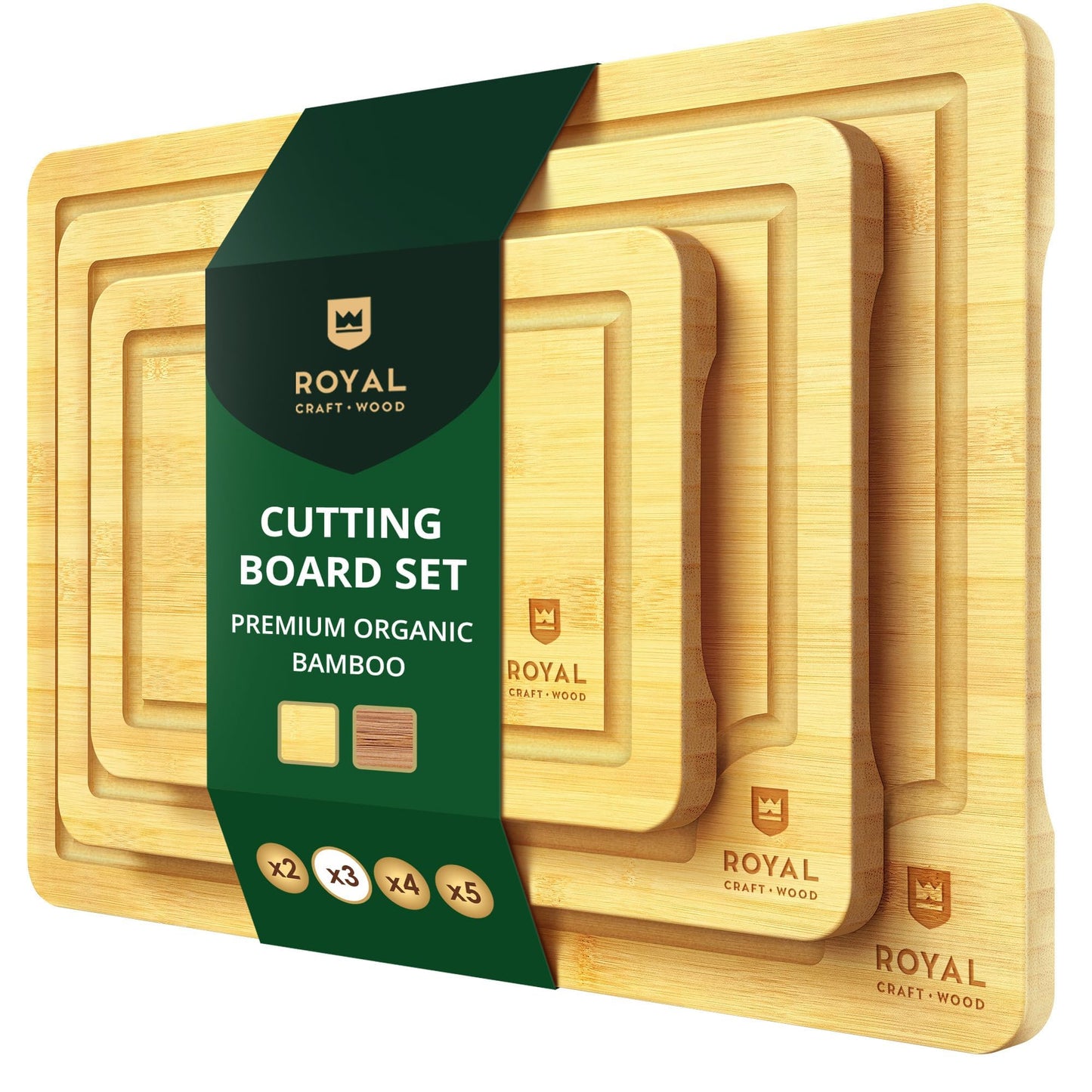 ROYAL CRAFT WOOD Wooden Cutting Boards for Kitchen Meal Prep & Serving - Bamboo Wood Serving Board Set with Deep Juice Groove Side Handles - Charcuterie & Chopping Butcher Block for Meat (3 Pcs)