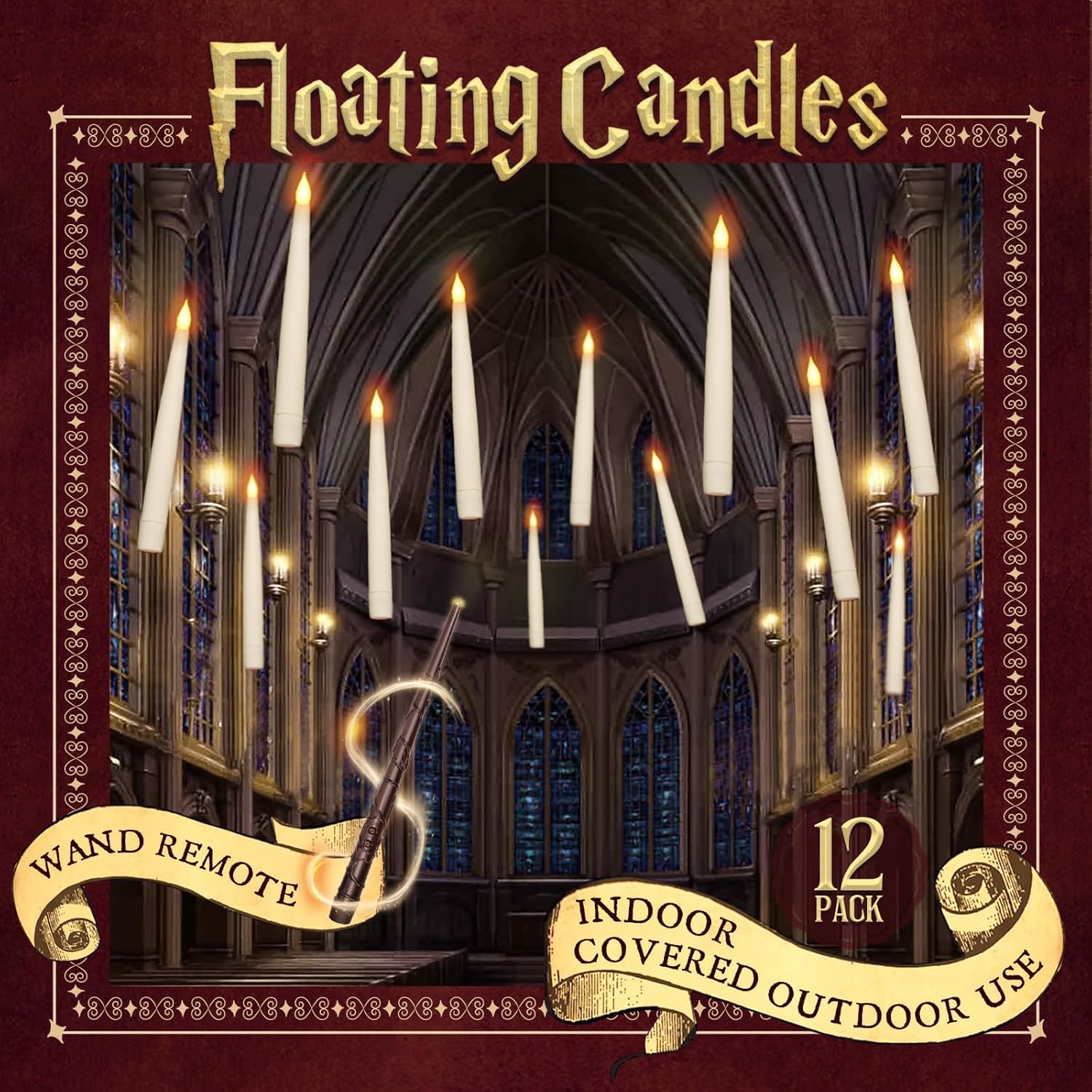 Halloween Decorations - Floating Candles with Wand - 12 Pcs Magic Flickering Warm Light Flameless Floating LED Candle Christmas Decor - Stocking Stuffers for Indoor Classroom Bedroom Party