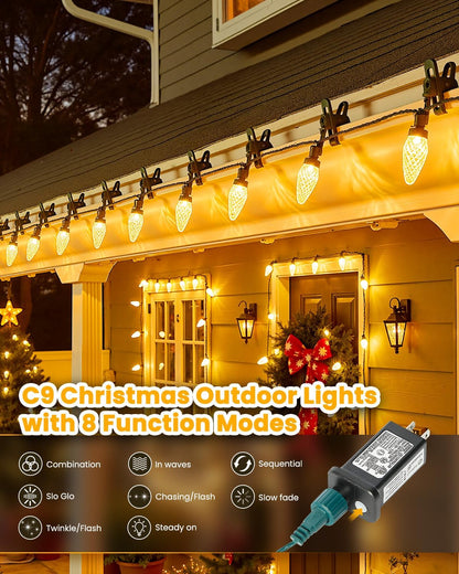 C9-Christmas-Lights-Outdoor,85FT 110LED String Lights with 8 Lighting Mode,Waterproof Connectable UL Certified Warm White C9-Led-Christmas-Light-Decorations for House Yard Patio Roof Garden Decor