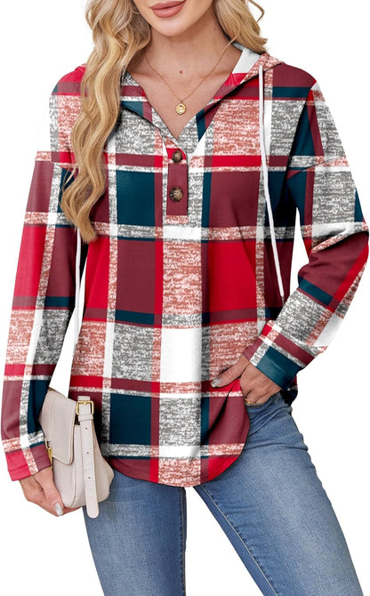 RUMIA Womens Tops V Neck Button Sweatshirt for Women Pullover Long SLeeve Shirts Fall Outfits 2025 Loose Fit S-3XL