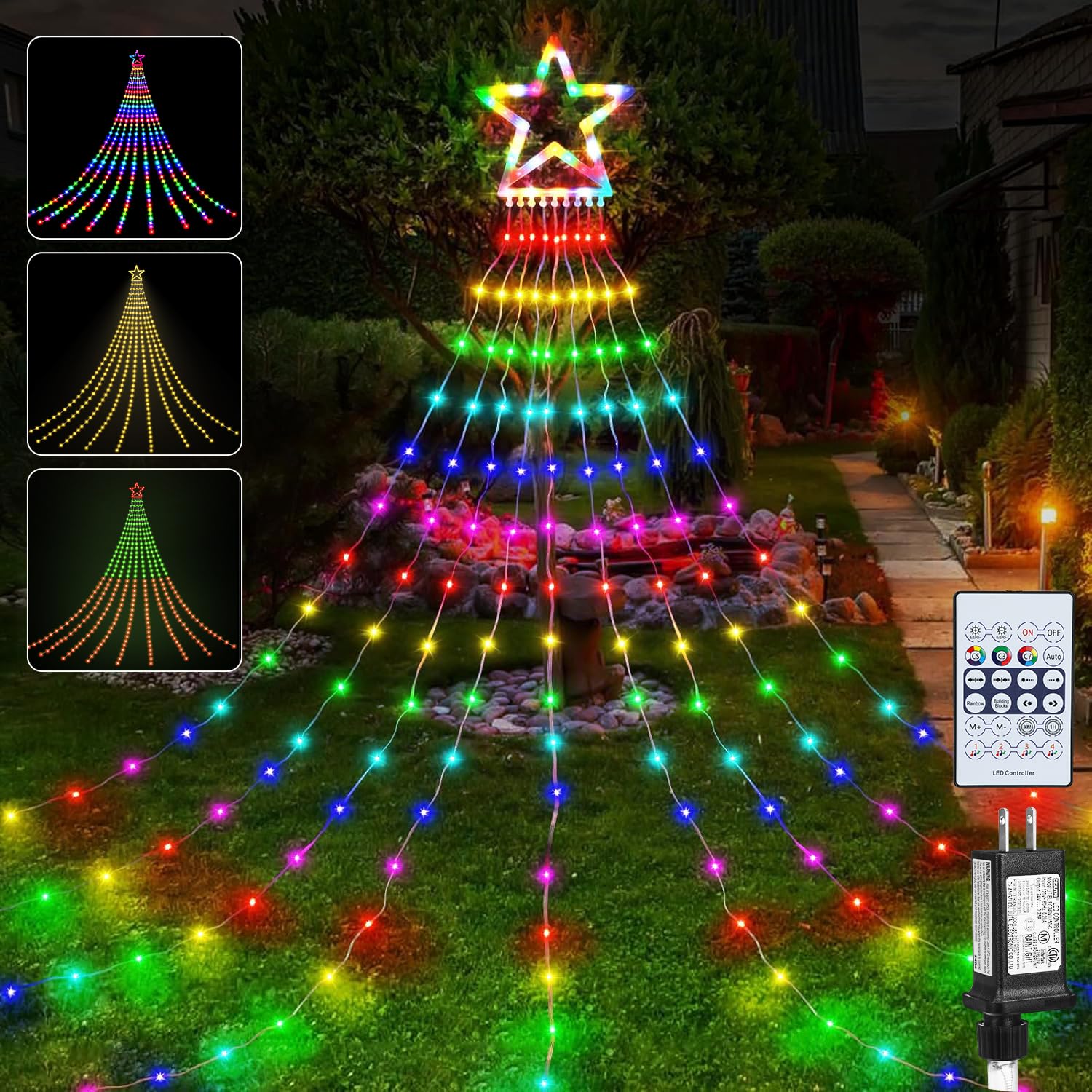PUHONG Christmas Decoration Outdoor Star String Lights, 16.4Ft Christmas Tree Toppers Lights 320 LED 8 Modes with 12" Lighted Star for Halloween Christmas New Year Holiday Birthday (Multicolored)