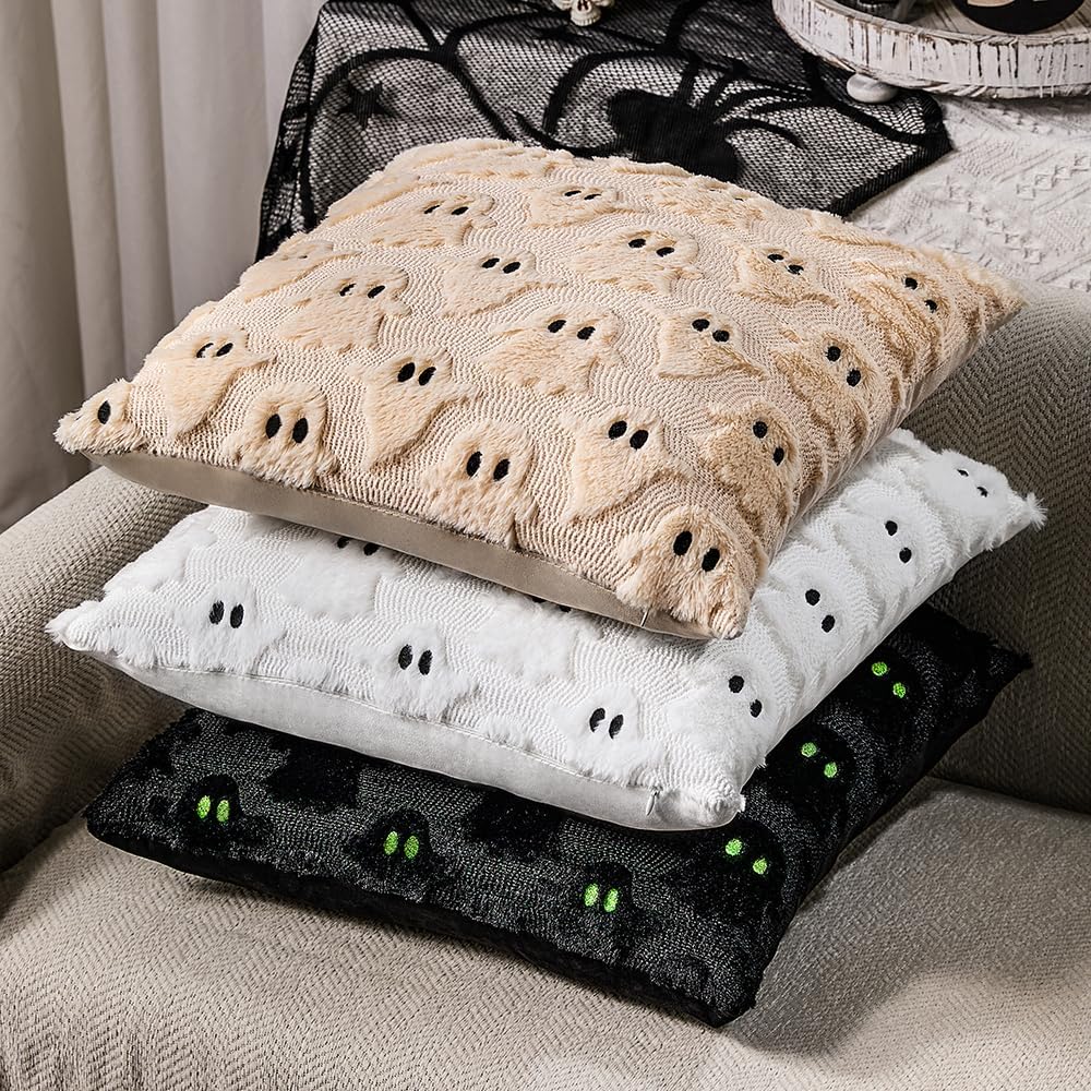 DFXSZ Halloween Pillow Covers 18x18 inch Set of 2 White Ghost Throw Pillow Cases Soft Plush Faux Fur Wool Couch Cushion Case for Chair Sofa Bedroom Living Room Home Decor PTK03A18